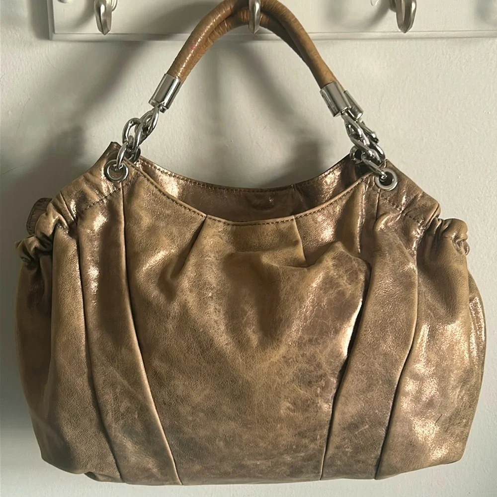 Michael Kors Luxe Metallic Antiqued Gold Supple Leather Hobo Hand Shoulder Bag